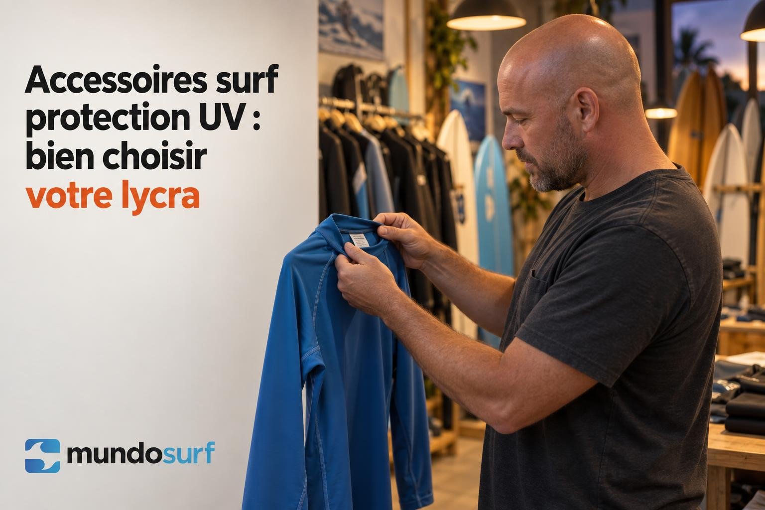 Un homme tient un lycra bleu devant lui dans une boutique de surf.