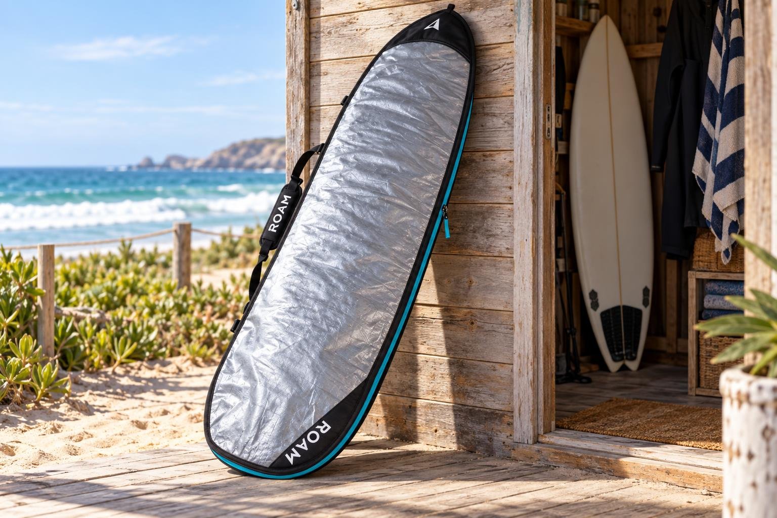 Housse de protection argentée et bleue pour planche de surf appuyée contre une cabane au bord de la plage.