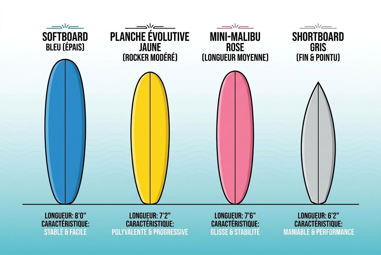 Illustration montrant les différentes formes de planches de surf: softboard bleu, planche évolutive jaune, mini-malibu rose et shortboard gris, avec longueurs et caractéristiques.
