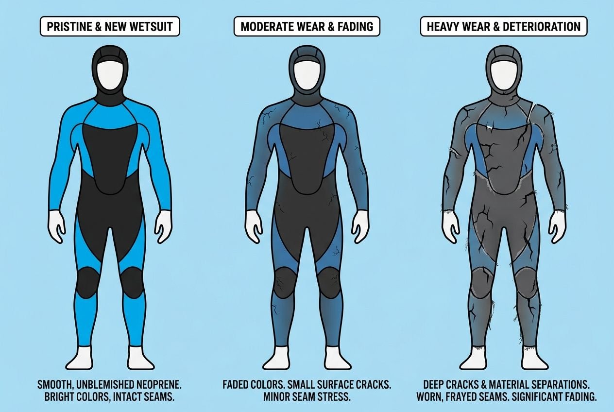 Illustration showing wetsuit wear stages: pristine & new, moderate wear & fading, heavy wear & deterioration.