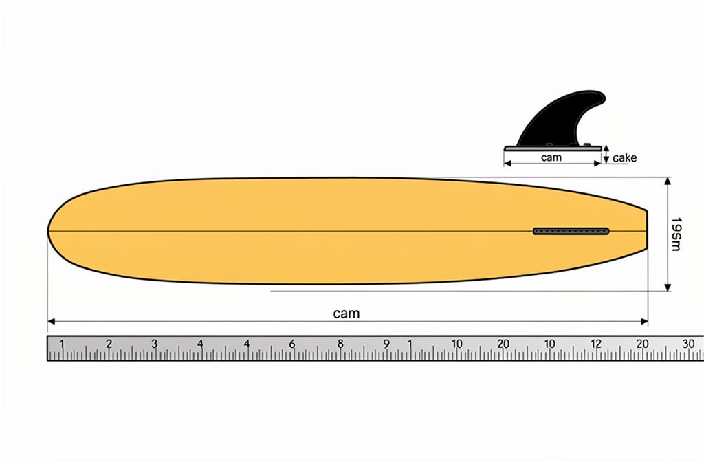 Illustration of a surfboard with a fin, showing measurements in centimetres and a ruler for scale, titled for fin sizing guidance. How to measure surfboard fin integrated.