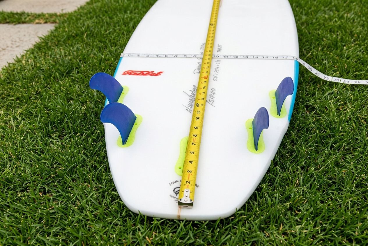 Image of a white surfboard on grass being measured with a tape measure; foot straps visible. Includes a how to measure surfboard volume context.