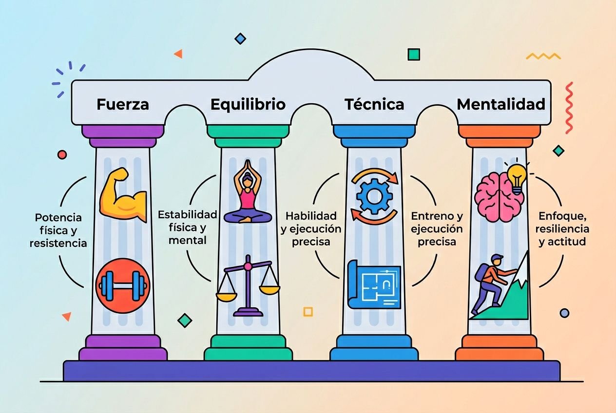 Imagen colorida de una ilustración con cuatro columnas: Fuerza, Equilibrio, Técnica y Mentalidad. Cada columna contiene iconos y personajes: un músculo, una persona meditando, una escultura de balanza, una rueda dentada y un cerebro. Texto descriptivo sobre progreso en habilidades de surf; pregunta integrada contextual: cuánto tiempo se tarda en aprender a surfear.