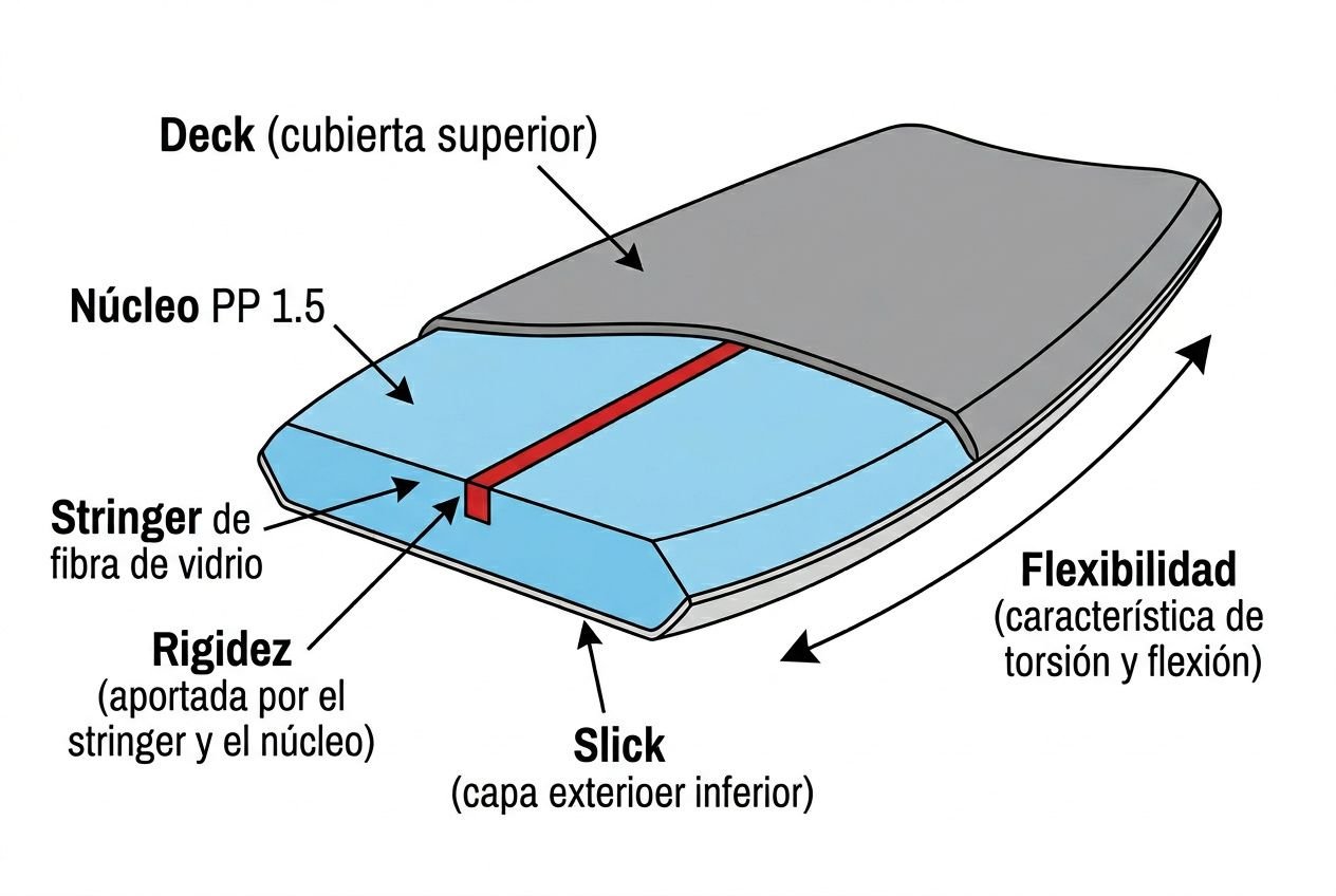 Imagen de una tabla de bodyboard cortada para mostrar sus capas: deck, núcleo, stringer de fibra de vidrio, rigidez, slick, y características de flexibilidad. Incluye explicación de cada componente. Se puede usar para entender cómo elegir como elegir mi tabla de bodyboard según talla y nivel.