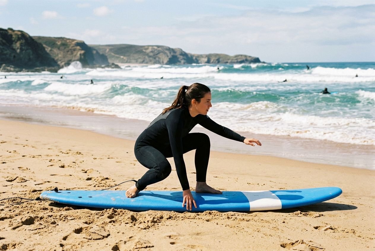 Instrutora de surf em posição de tronco baixo sobre prancha azul na areia, preparando-se para pegar onda. Dicas para surfar melhor em foco.