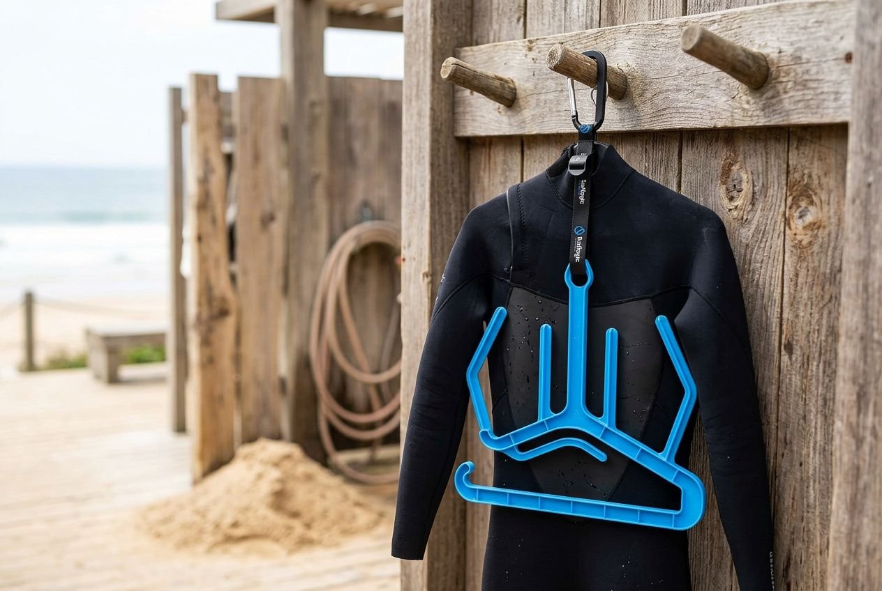 Jaqueta de neoprene pendurada com suporte para roupa, mostrando ganchos azuis para facilitar o armazenamento do equipamento necessário para surfar.