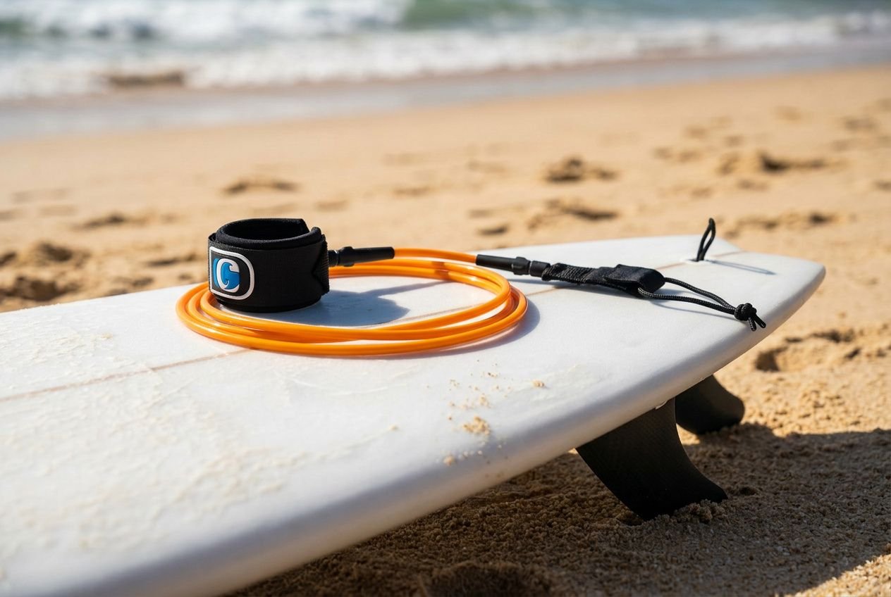 Leash de surf naranja enrollado sobre una tabla en la playa, listo para usar. Cómo elegir el leash de surf.