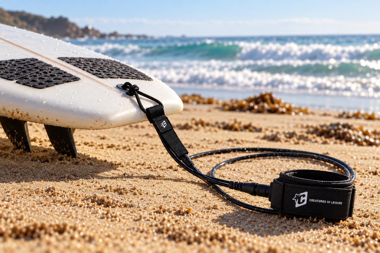 Lien de leash attaché à une planche de surf posée sur le sable près de l’océan.
