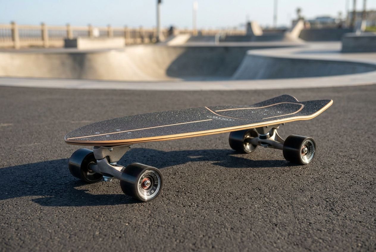 Longboard / surfskate posé sur le sol asphalté en plein air, deck noir avec texture, trucks pivotants et roues noires, prêt pour rouler. surfskate c'est quoi intégré naturellement.