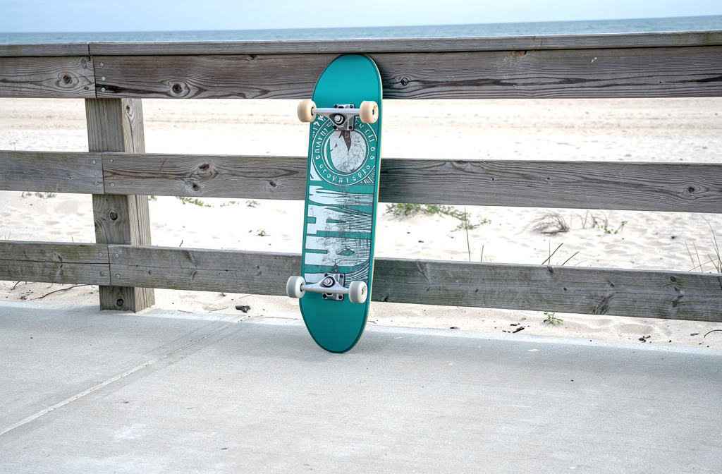 Longboard sur le trottoir près d’une rambarde en bois au bord de la plage, prêt à pomper en surfskate pour gagner de la vitesse.