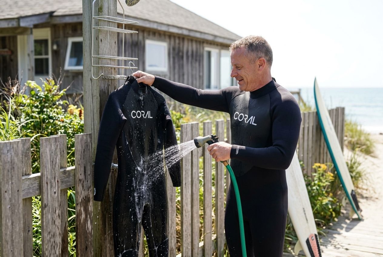 Man in a black wetsuit rinsing a Coral wetsuit with a hose outdoors, near a beach and surfboard. How to take care of wetsuits.