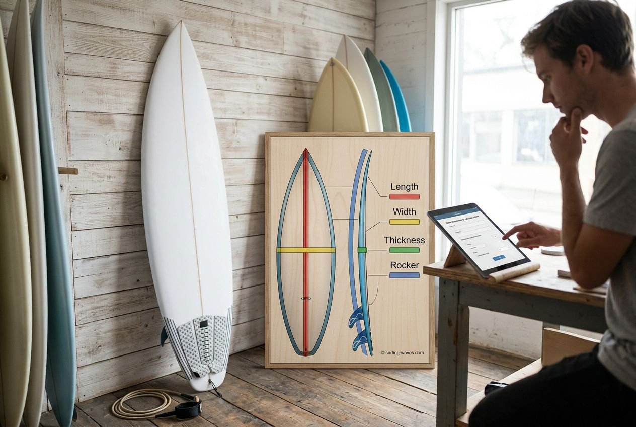 Man examining a surfboard dimensions chart on a wooden wall, with surfboards leaned nearby and a tablet on a desk. surfboard thickness and volume explained for beginners