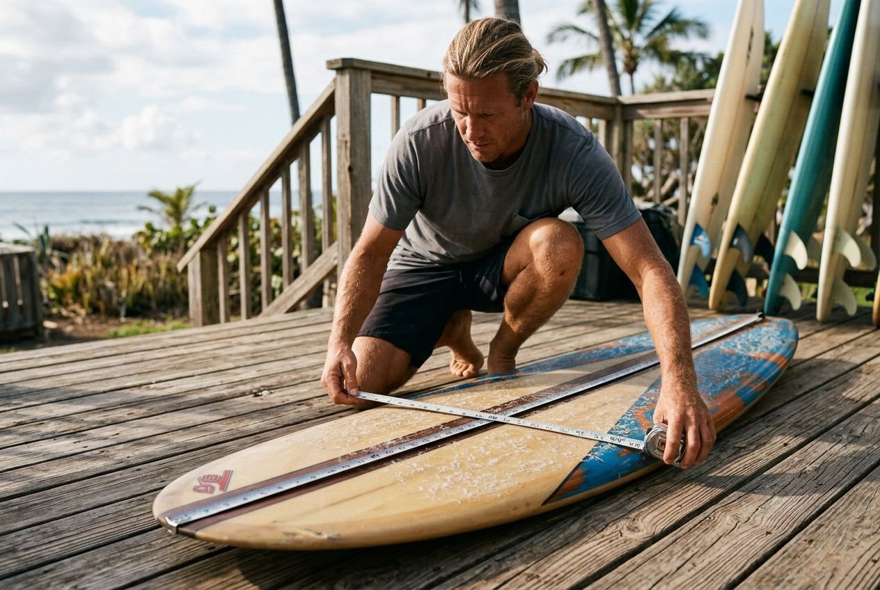 Man measuring a surfboard on a wooden deck with a measuring ruler, near stacked boards by the beach. how to measure surfboard volume calculator integration alert: surfer preparing board.