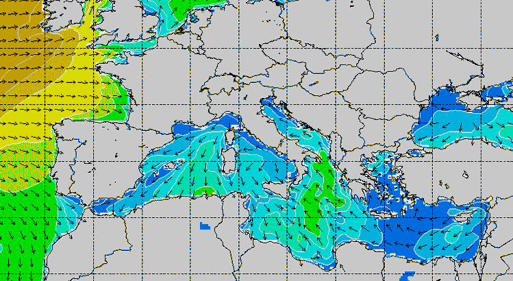 Mappa meteorologica marittima dell’oceano Atlantico e Mediterraneo con venti e correnti: colori blu e verde per acque profonde, giallo e arancione per zone di vento più intenso, linee e frecce indicano direzione.