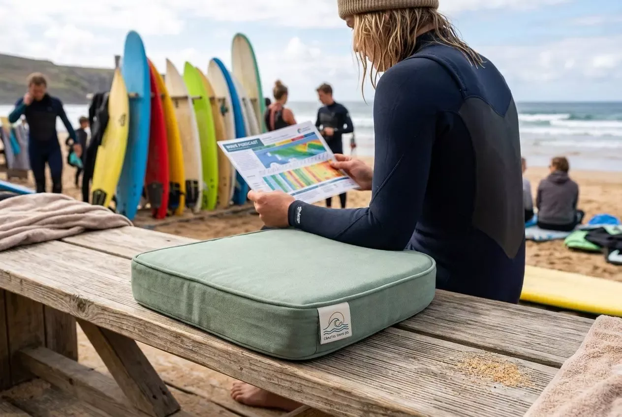 Mulher lendo um guia de planejamento de surfe na praia, com pranchas coloridas ao fundo e kit de proteção sobre a bancada. dicas para aprender a surfar integradas ao foco.
