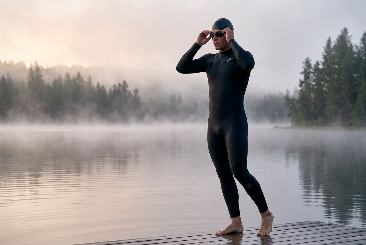 Nageur en combinaisons néoprène sur une jetée au bord d’un lac, ajustant ses lunettes avant une eau libre froide. naison néoprène eau libre.