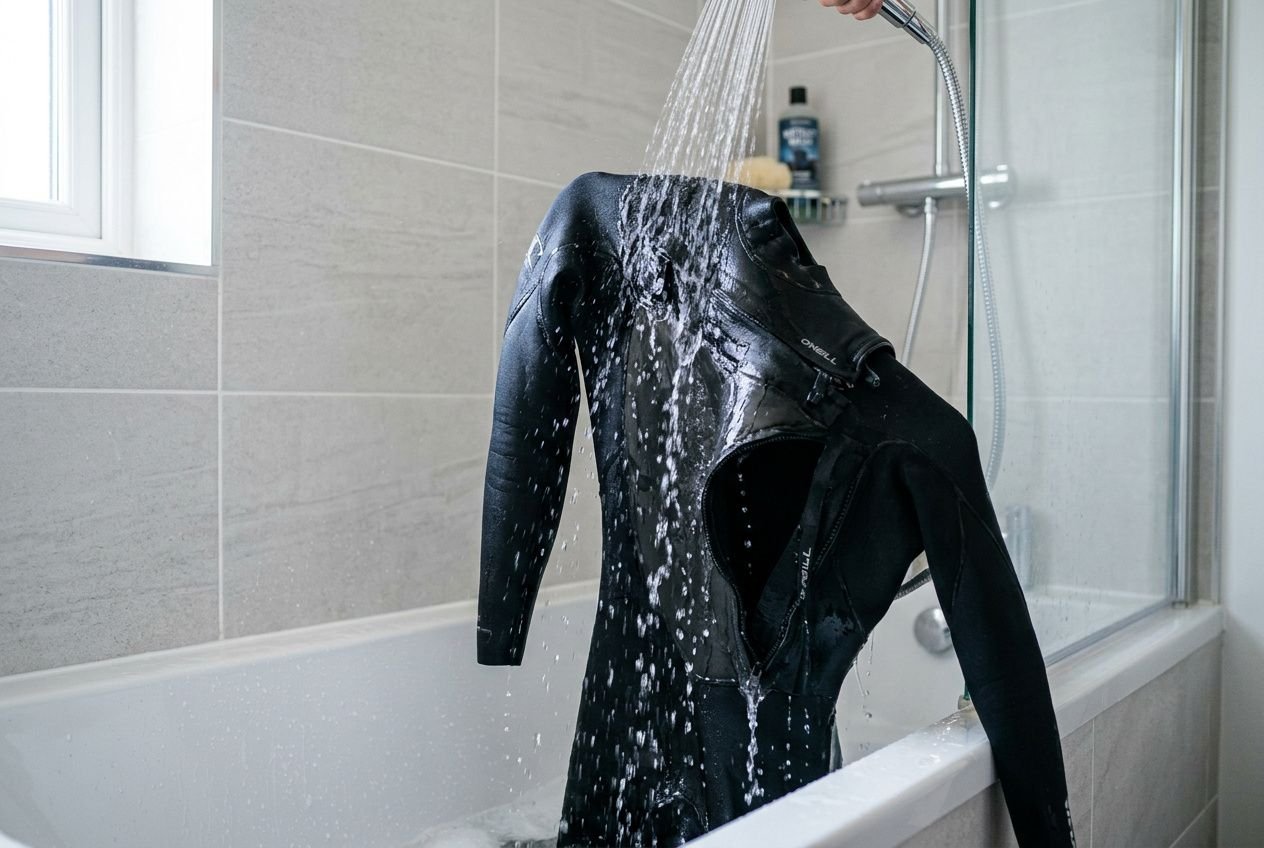 Neoprenanzug wird unter der Dusche in der Badewanne ausgespült, Wasser tropft von den Ärmelkanten.