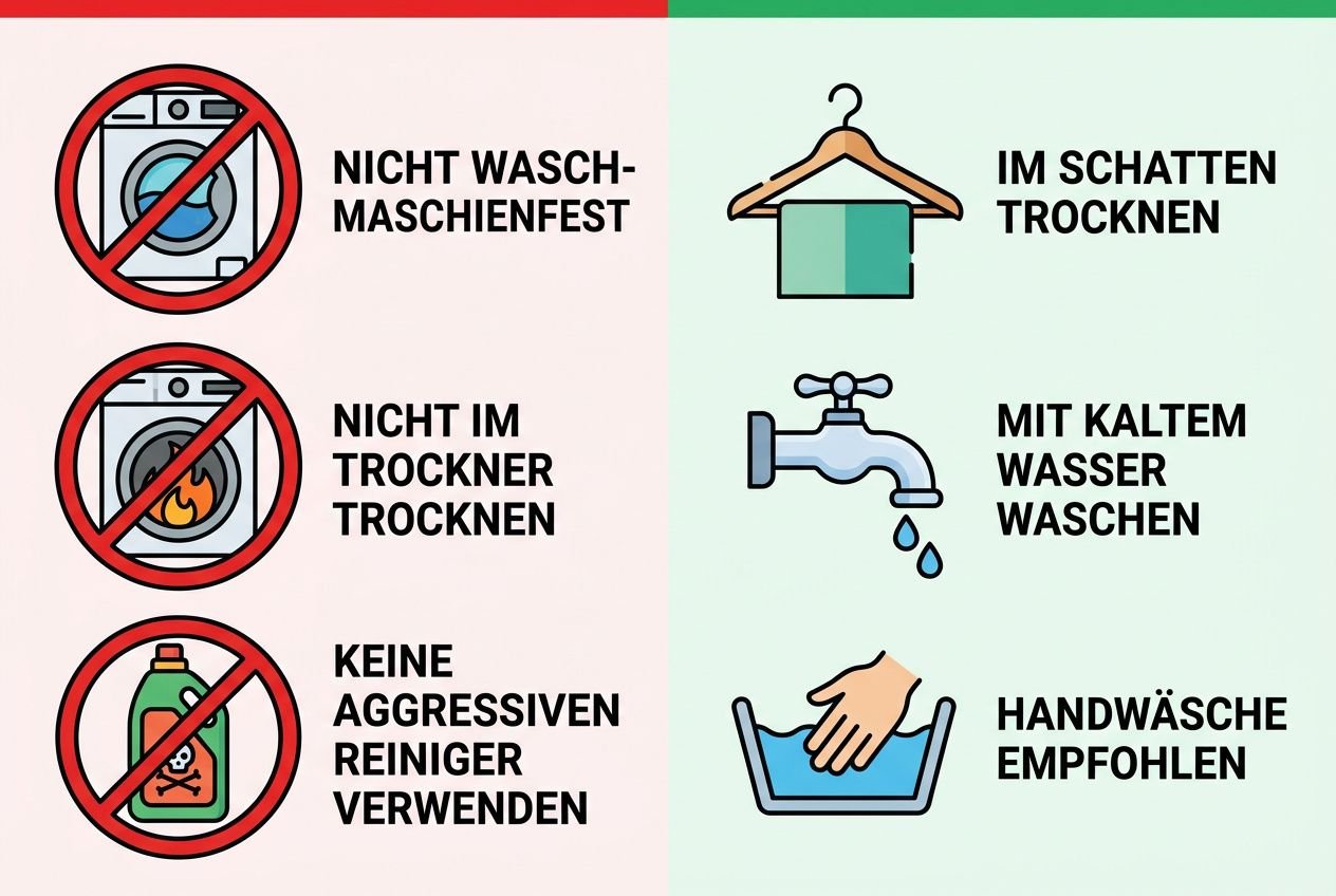 Neoprenanzug Pflege Anleitung: Grafik mit Wasch- und Trockentipps, Hände waschen, kaltes Wasser verwenden, nicht im Trockner, kein agressiver Reiniger, im Schatten trocknen.