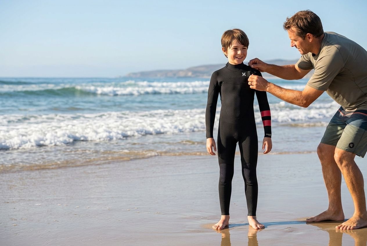 Padre mentre aiuta un bambino a indossare una muta neoprene nera sulla spiaggia, ready per nuotare.quanto deve essere stretta una muta.
