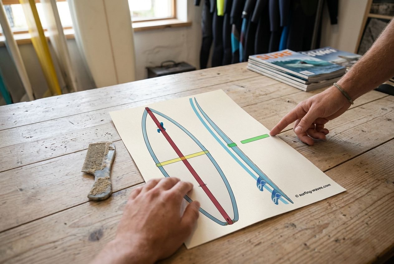People compare surfboard shapes on a drawing, using rulers. A hand points to measurements while another marks a board outline, with surf magazines in the background. how do i know what surfboard is right for me