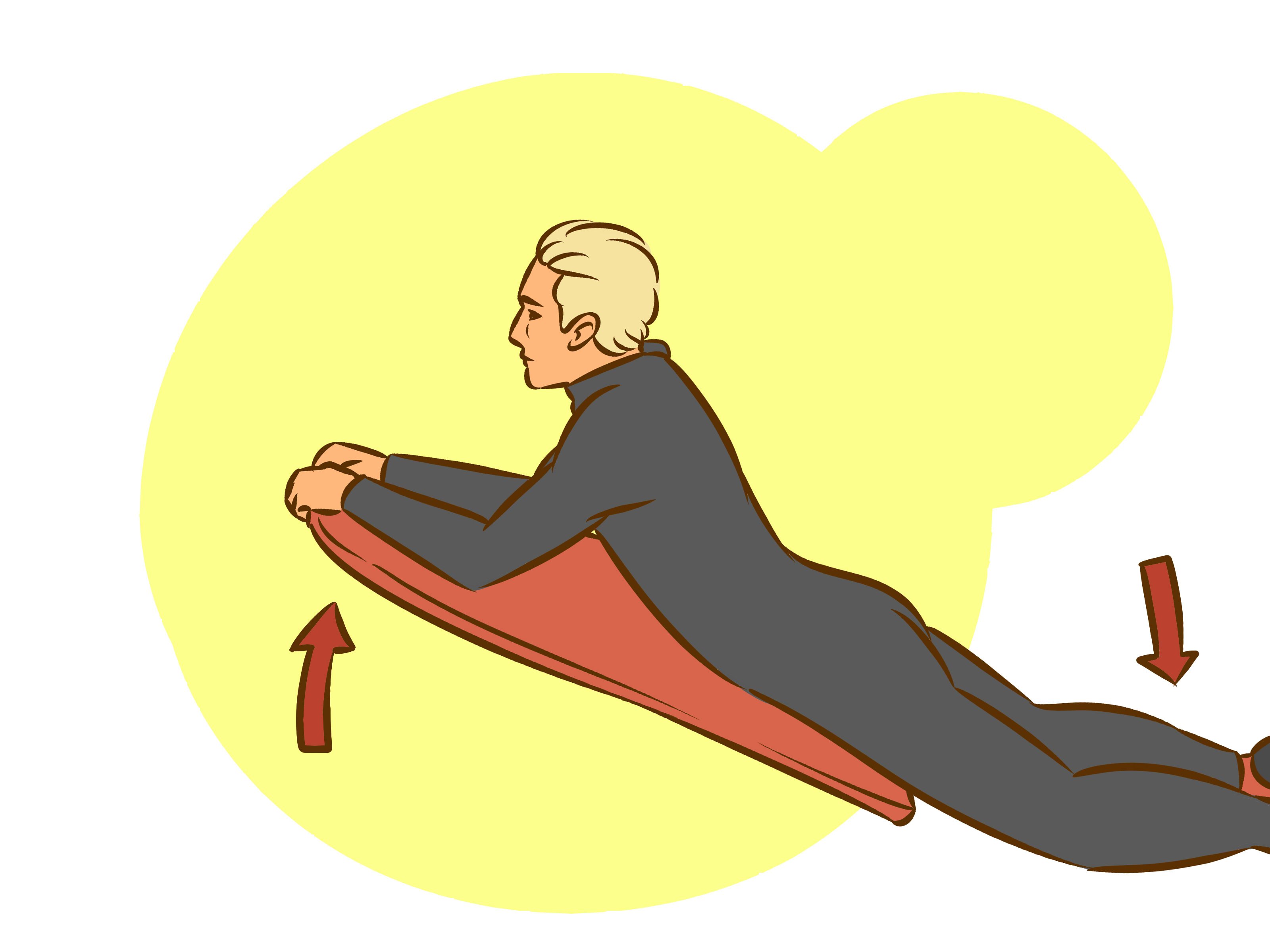 Personne effectuant des exercices de planche sur une planche de surf inclinée, avec flèches indiquant le mouvement.