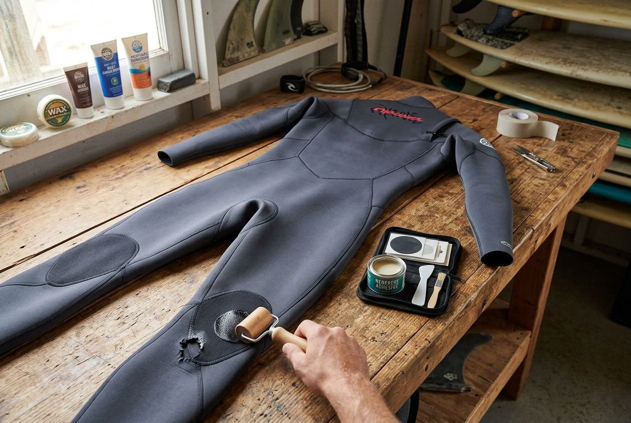 Personne répare une combinaison en néoprène sur une table, avec outils et colle prêts, en train de traiter un trou sur la jambe.