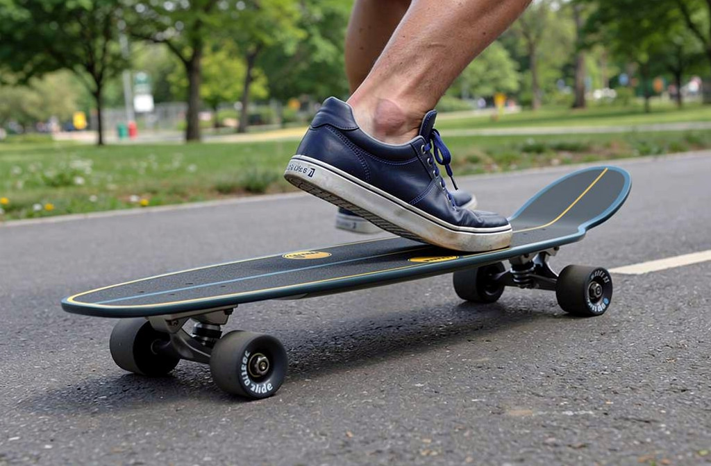 Personne en skateboard longboard en train de pomper en surfskate sur une piste, pied avant posé sur le deck et poussée dynamique.