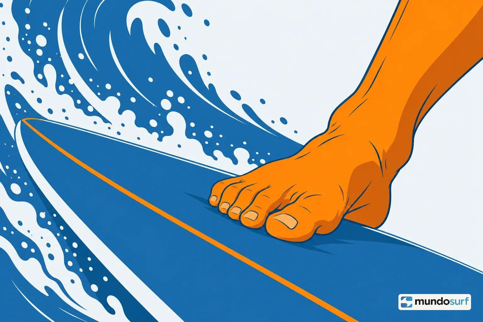 Pessoa a equilibrar-se numa prancha de surf com o pé colocado na frente, numa onda.