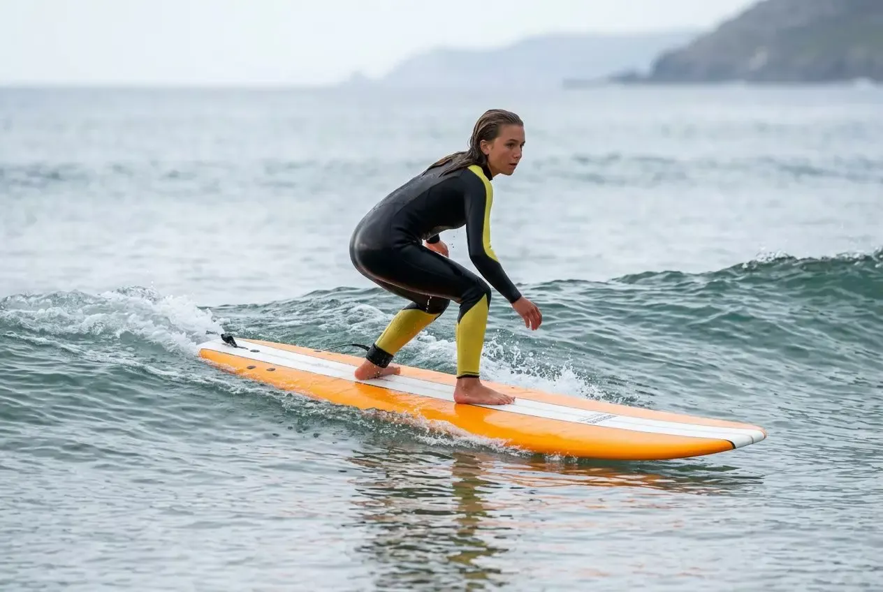 Pessoa praticando surfe em prancha de longboard laranja, mantendo postura estável em águas calmas. Ideal para iniciantes.