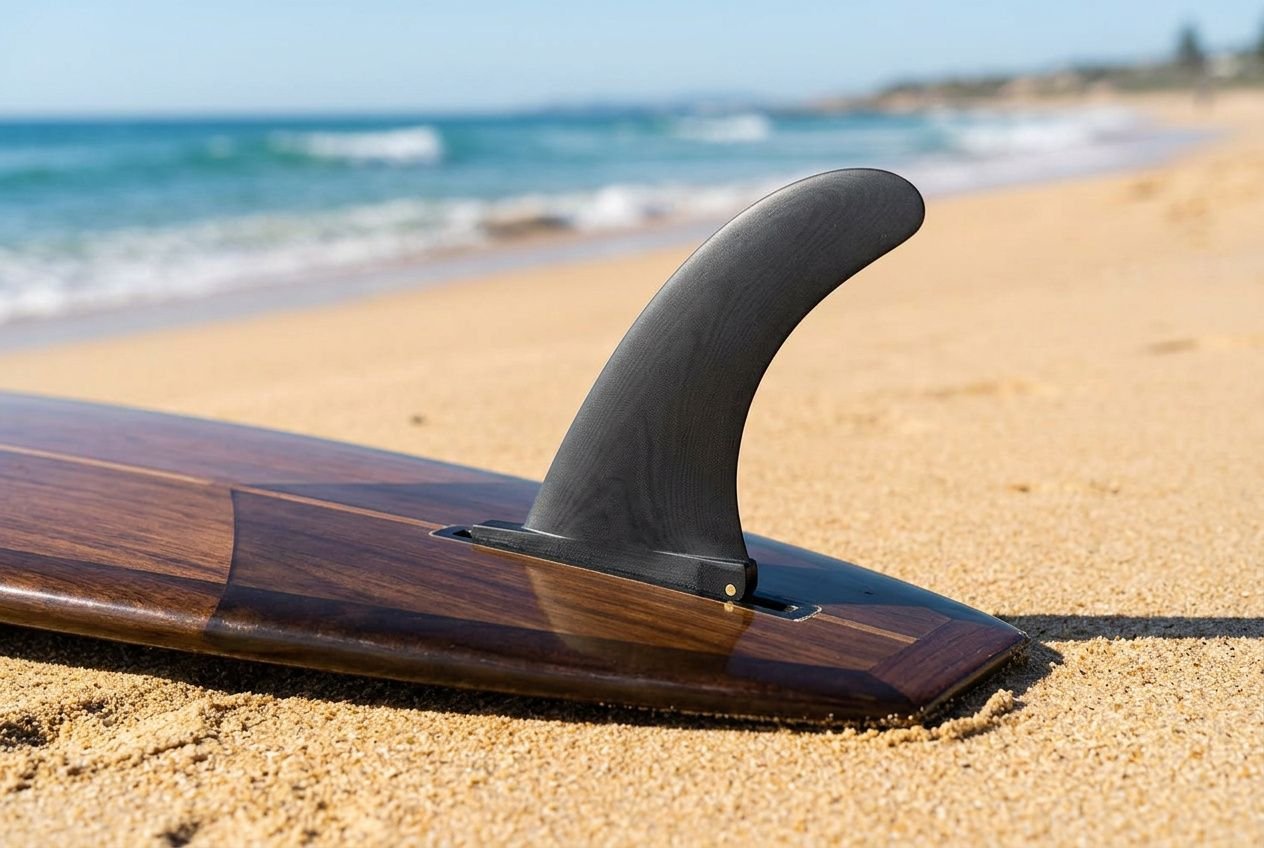 Pinna da surf fissata sulla tavola stesa sulla sabbia, pronta per entrare in acqua, con mare e costa sullo sfondo. come scegliere pinne tavola surf intégré naturalmente.