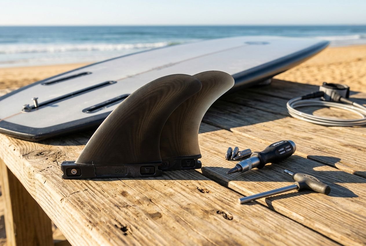 Pinne da tavola da surf poste su un tavolo di legno accanto a una tavola pronta all’uso, attrezzi e cacciavite sul bordo, su sfondo spiaggia e mare. come scegliere pinne tavola surf.