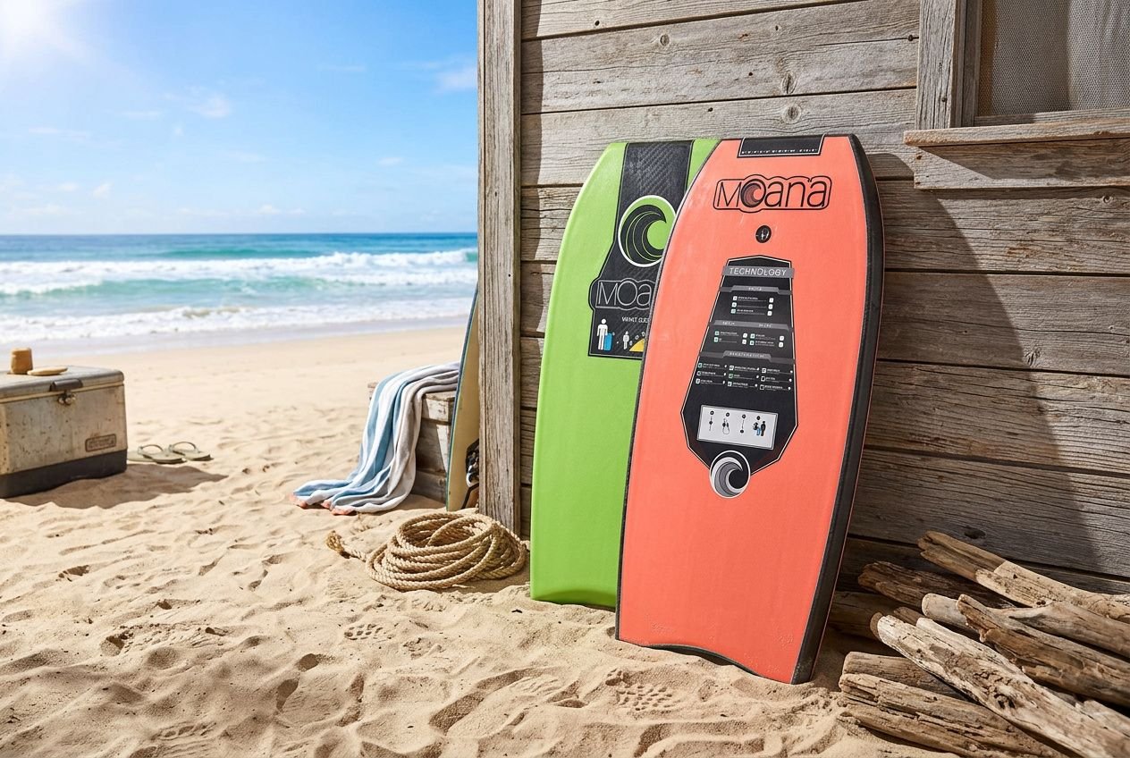 Planche de bodyboard et paquebot orange, proéminentes sur le sable près d’un shack, avec corde et bois, prête pour débuter comment faire du bodyboard débutant.