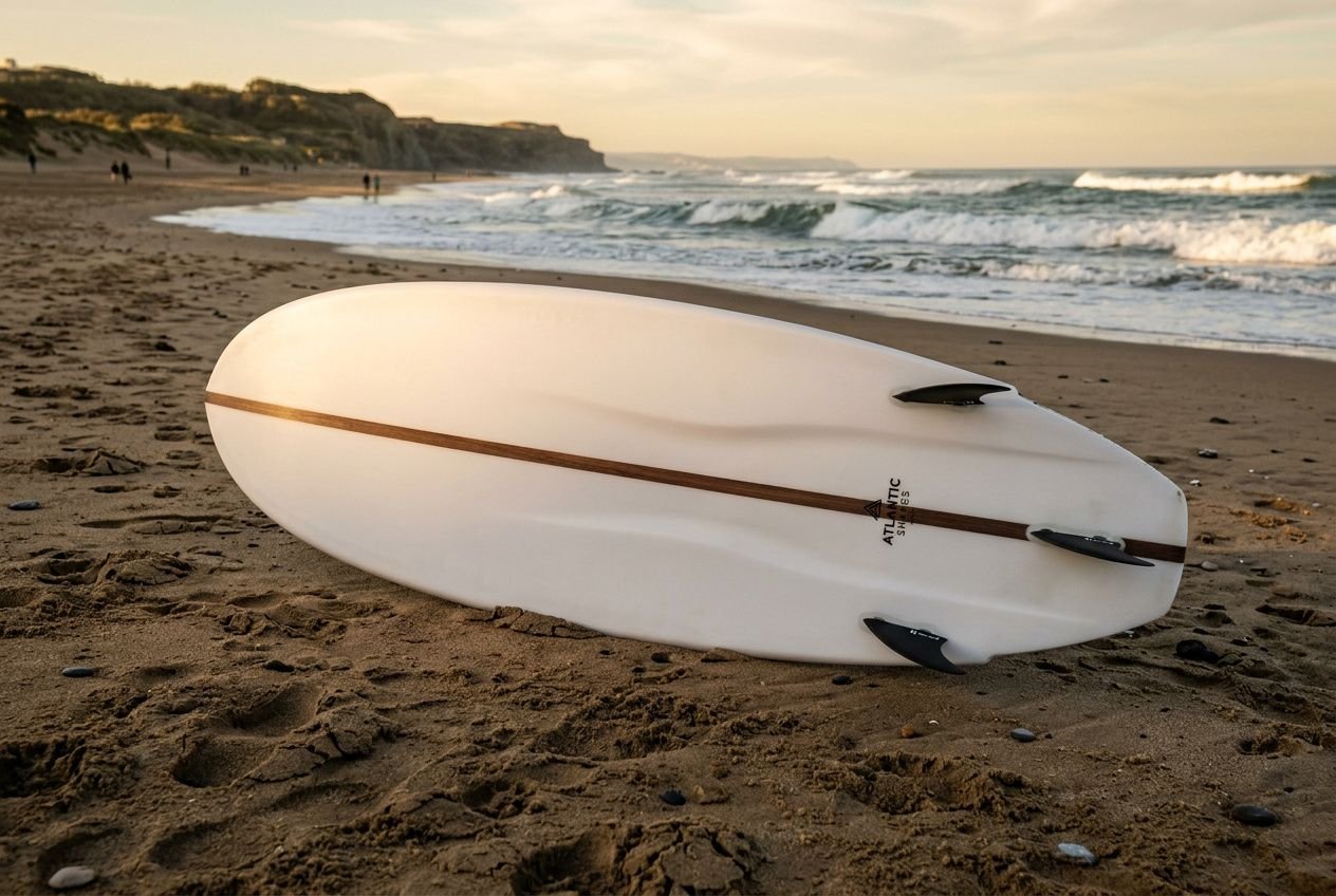 Planche de surf hybride blanche posée sur le sable d’une plage au coucher du soleil, vagues à l’arrière. Planche de surf hybride, prêt à rider.