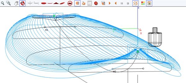 Planche de surf en raisonble: schéma technique bleu montrant les contours et les rails, avec repères et trajectoires sur un