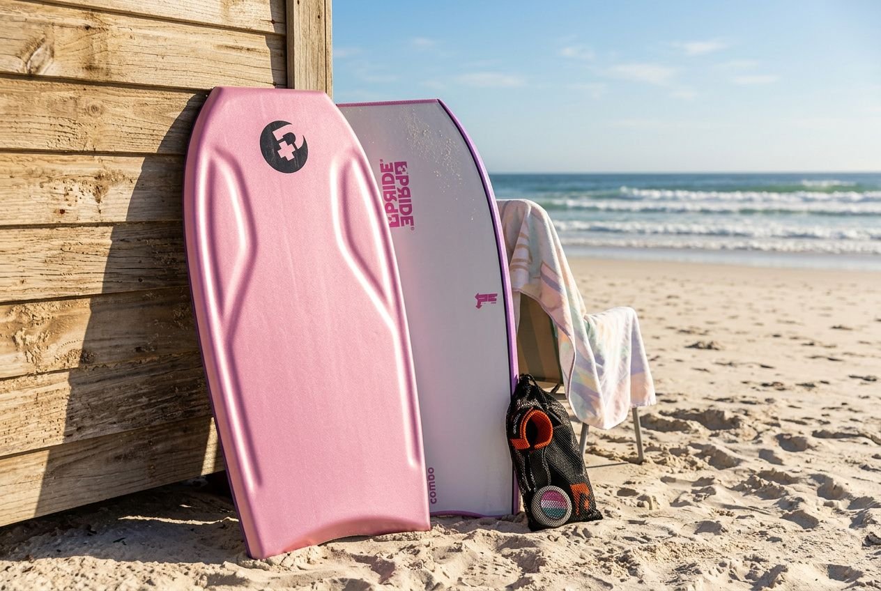 Planches de bodyboard roses appuyées contre une cabane sur la plage, équipement prêt, serviette et coiffeur sac à dos près du sable et de l’océan. Comment débuter en bodyboard intégré.