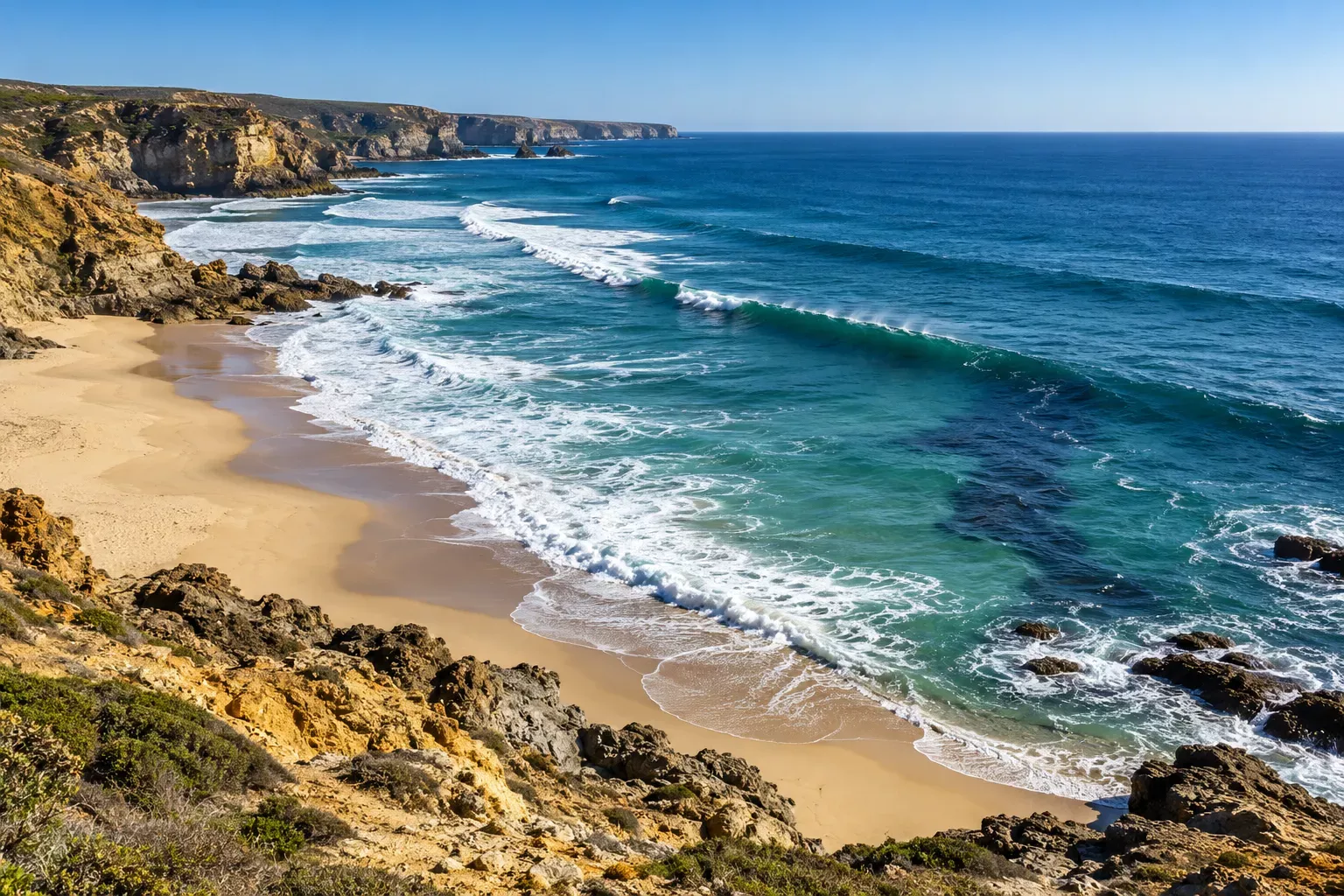 Praia de água azul com ondas a romper na costa rochosa sob céu claro.