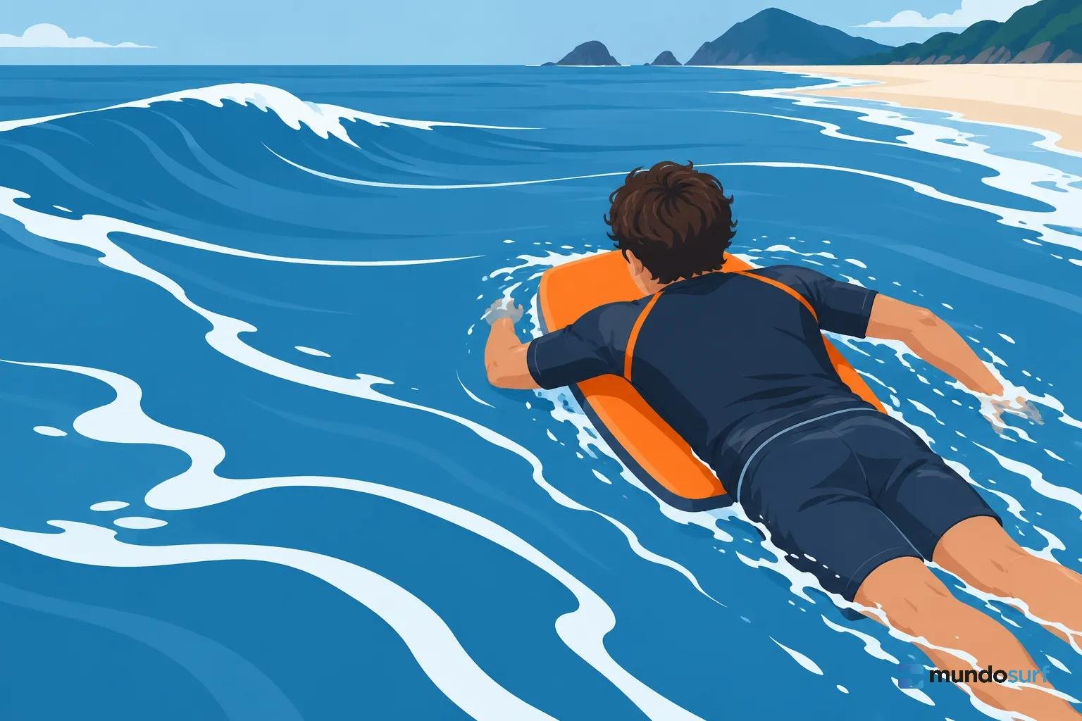 Prancha de bodyboard com uma pessoa a remar de barriga para baixo na água azul, segurando uma prancha laranja perto do tronco.