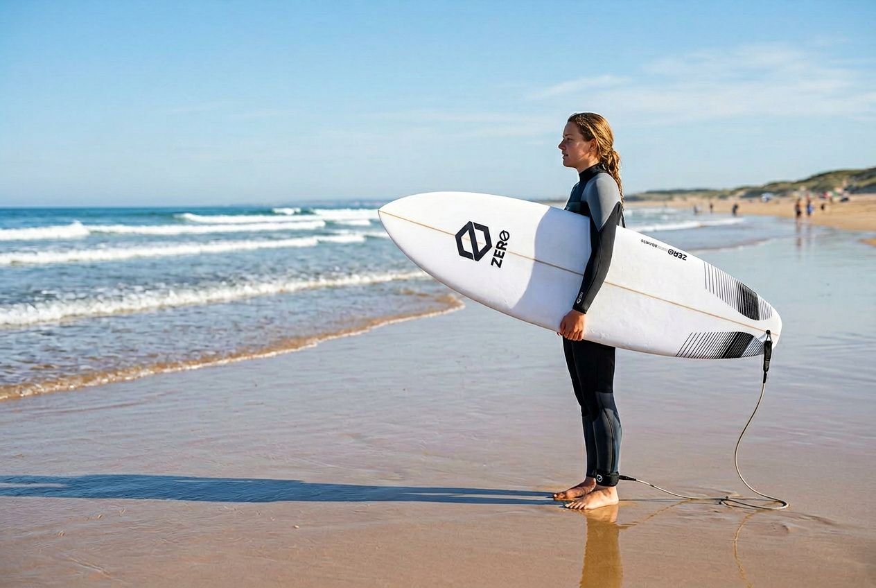 Prancha de surf com alça presa nas costas, pronta para iniciar, em praia com mar calmo e céu azul. Como escolher prancha de surf iniciante integrada no cenário de aprendizado.