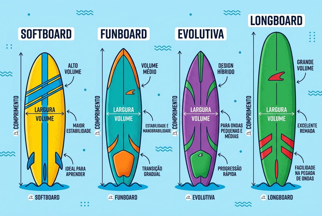 Prancha de surf indicada para iniciantes: quatro tipos de pranchas com características em destaque para iniciantes.