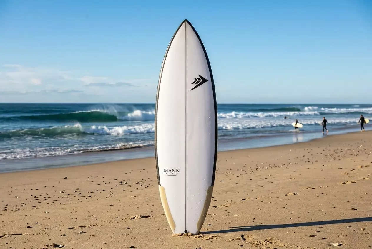 Prancha de surf rigi branca em areia da praia, ondas ao fundo e algumas pessoas ao longe na água.