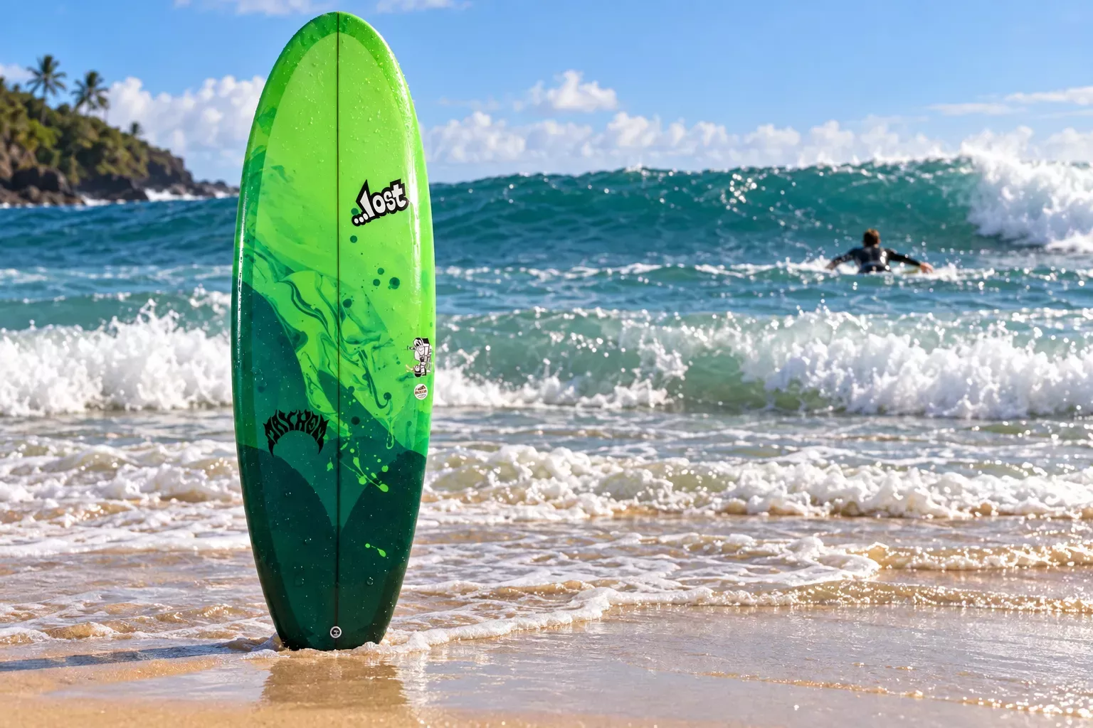 Prancha de surf verde em primeiro plano encostada na beira da água, com o mar e uma pessoa a remar ao fundo.