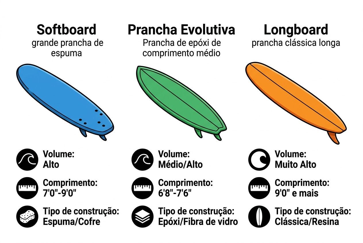 Prancha de surfe com três tipos: Softboard, Prancha Evolutiva e Longboard, mostrando volumes, comprimentos e materiais de construção. Ideal para quem quer saber como surfar pela primeira vez.