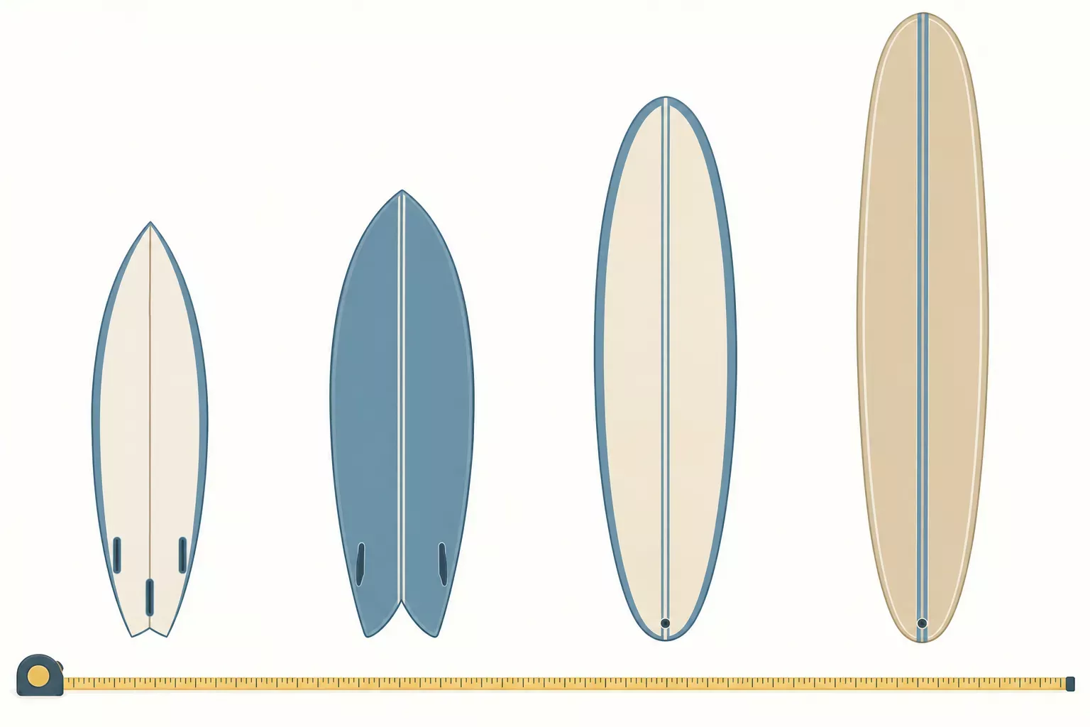 Pranchas de surf em diferentes comprimentos, com régua: como saber tamanho prancha.