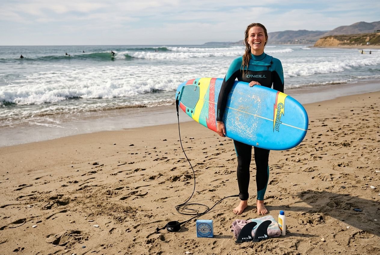 Principiante sulla spiaggia con tavola da surf colorata, pronto per iniziare; accessori surf essenziali per principianti visibili sul bagnasciuga.