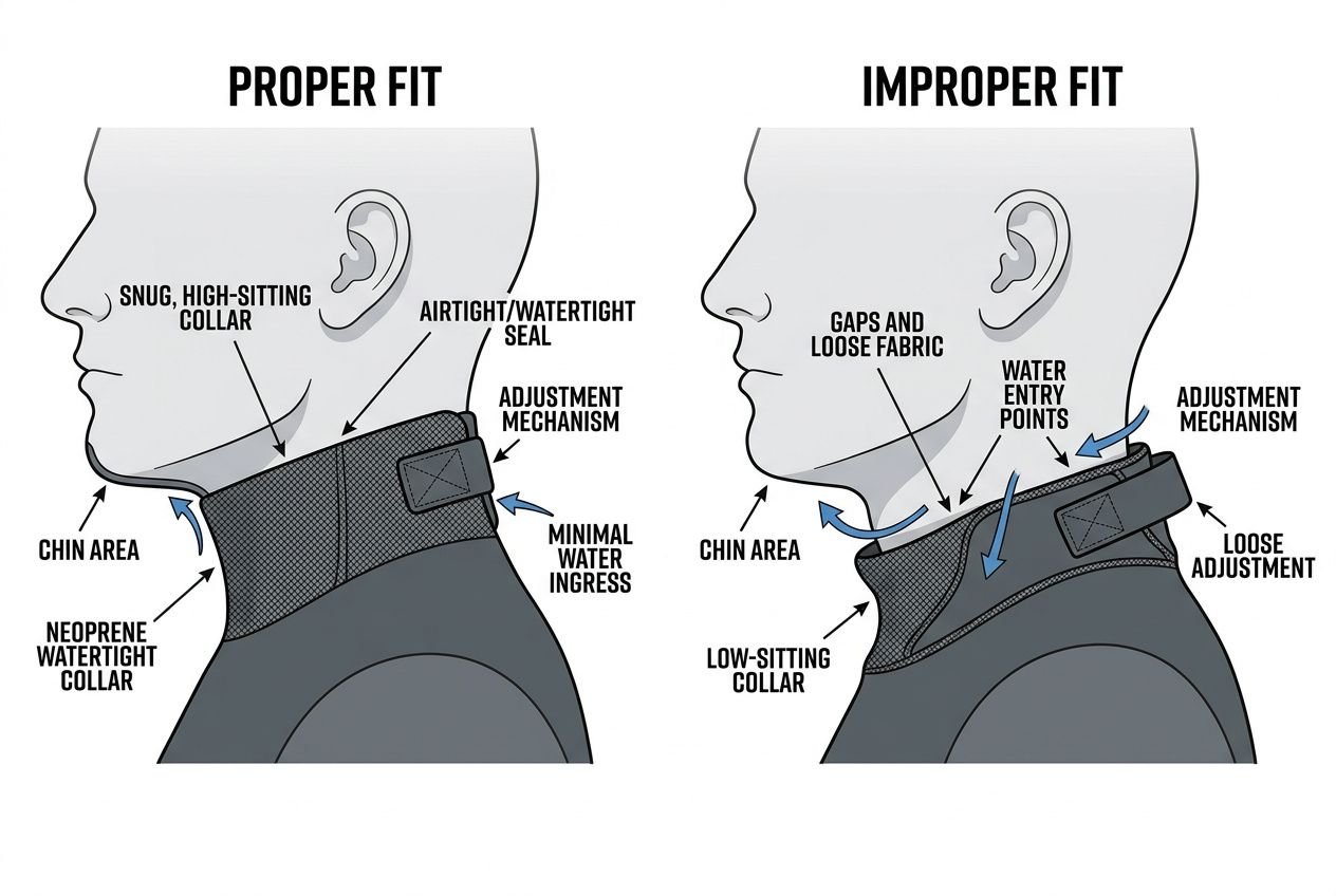 Proper fit diagram showing a snug, high-sitting neck seal and neoprene collar vs improper fit with gaps and loose fabric. How tight should a wetsuit be?