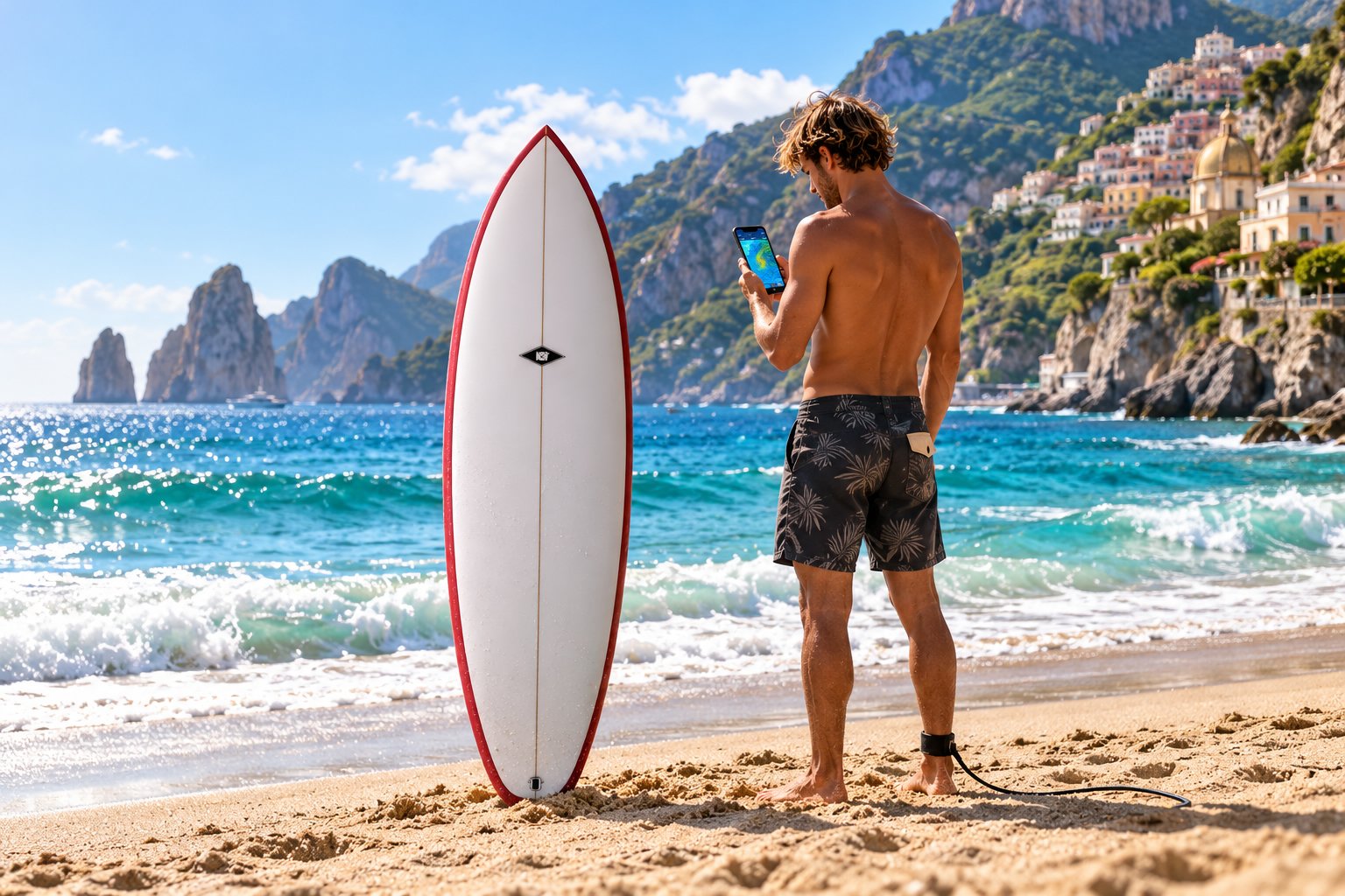 Ragazzo in shorts da bagno osserva uno smartphone accanto a una tavola da surf piantata sulla spiaggia vicino al mare.
