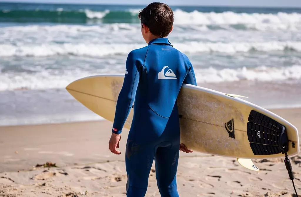 Rapaz com fato de neoprene azul segura prancha de surf na praia, pronto para começar a surfar, ideal para quem quer saber como começar surf prancha.