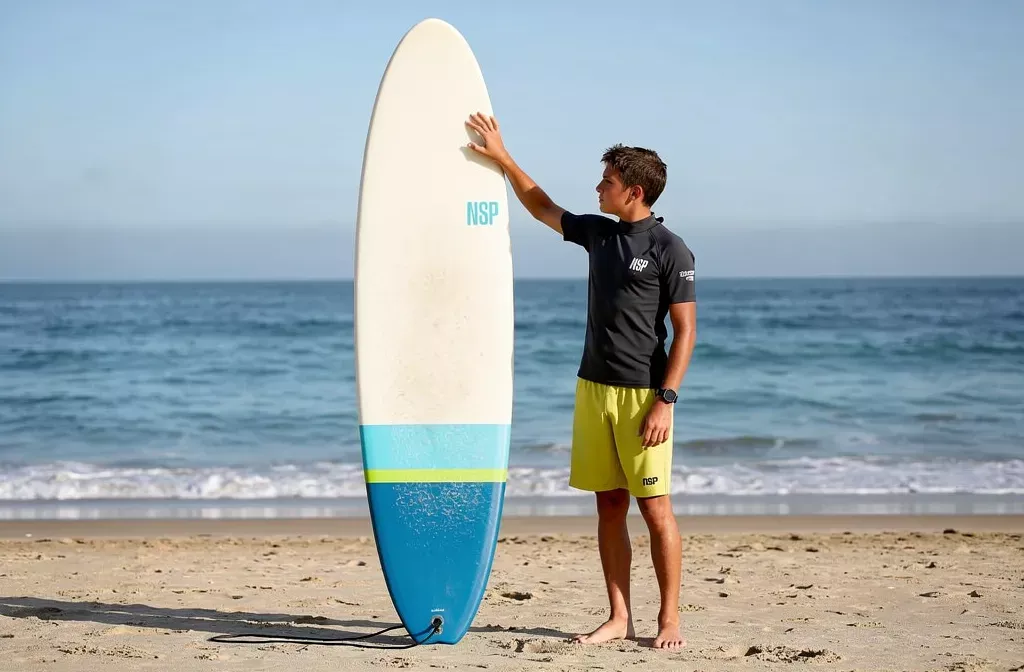 Rapazes de prancha de surf na praia, segurando uma prancha de surf com o mar ao fundo, pronto para aprender como saber tamanho