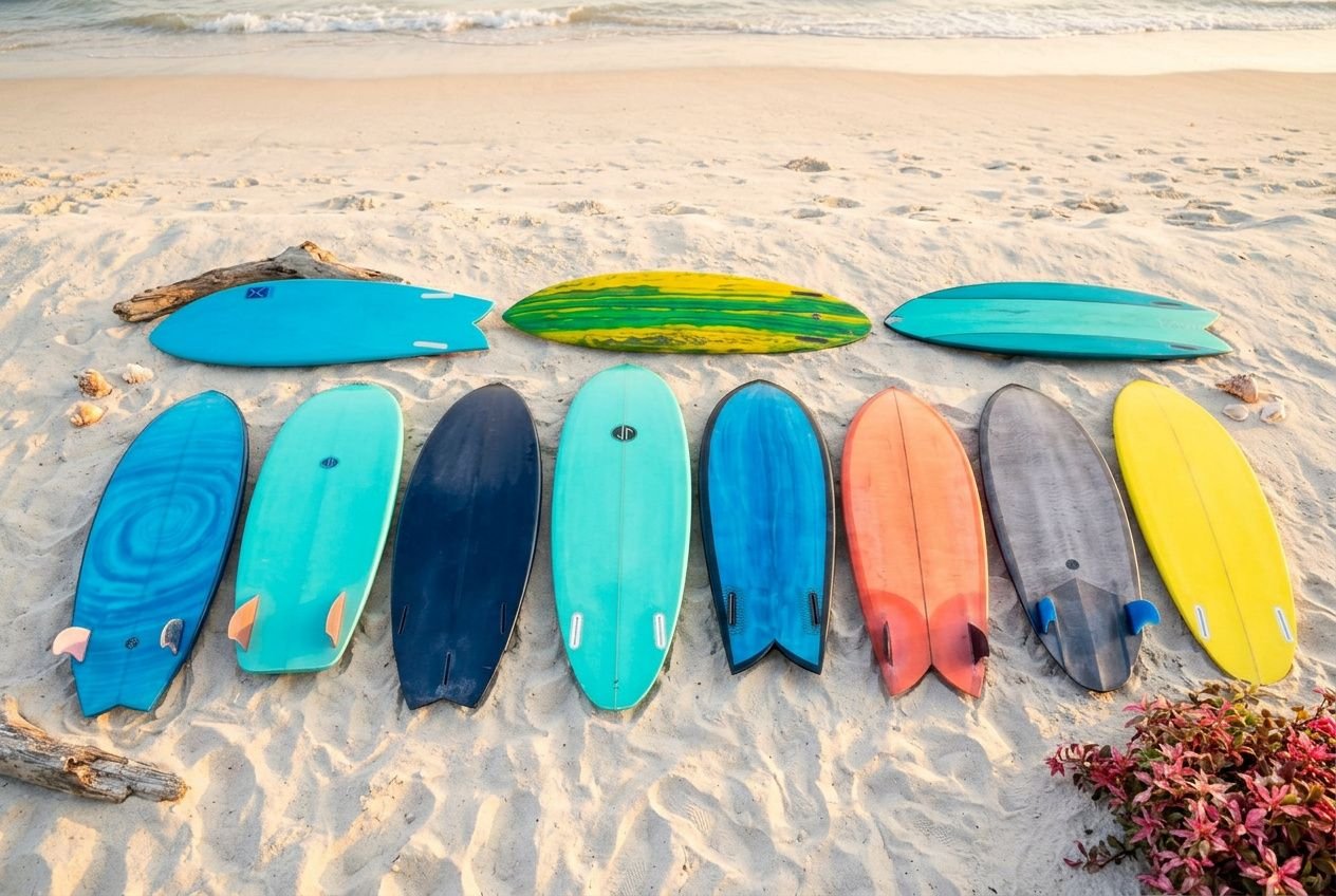 Row of colorful surfboards lined up on sandy beach, showcasing a range of shapes and sizes ready for surfing. surfboard shapes explained.