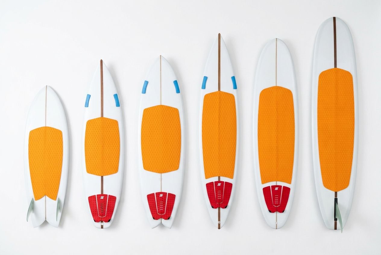 Row of six surfboards in varying widths, each with bright orange pads and red fins, neatly aligned against a white background. surfboard types and uses visible.